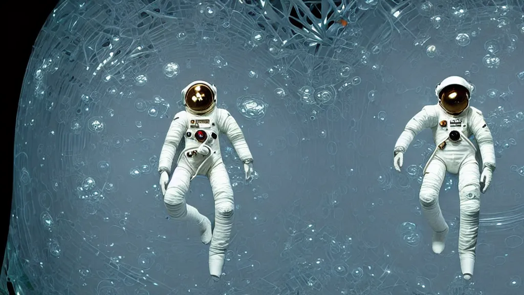 Image similar to a single astronaut eva suit made with diamond 3d fractal lace iridescent bubble 3d skin and covered with insectoid compound eye camera lenses floats through the living room, film still from the movie directed by Denis Villeneuve with art direction by Salvador Dalí, wide lens,