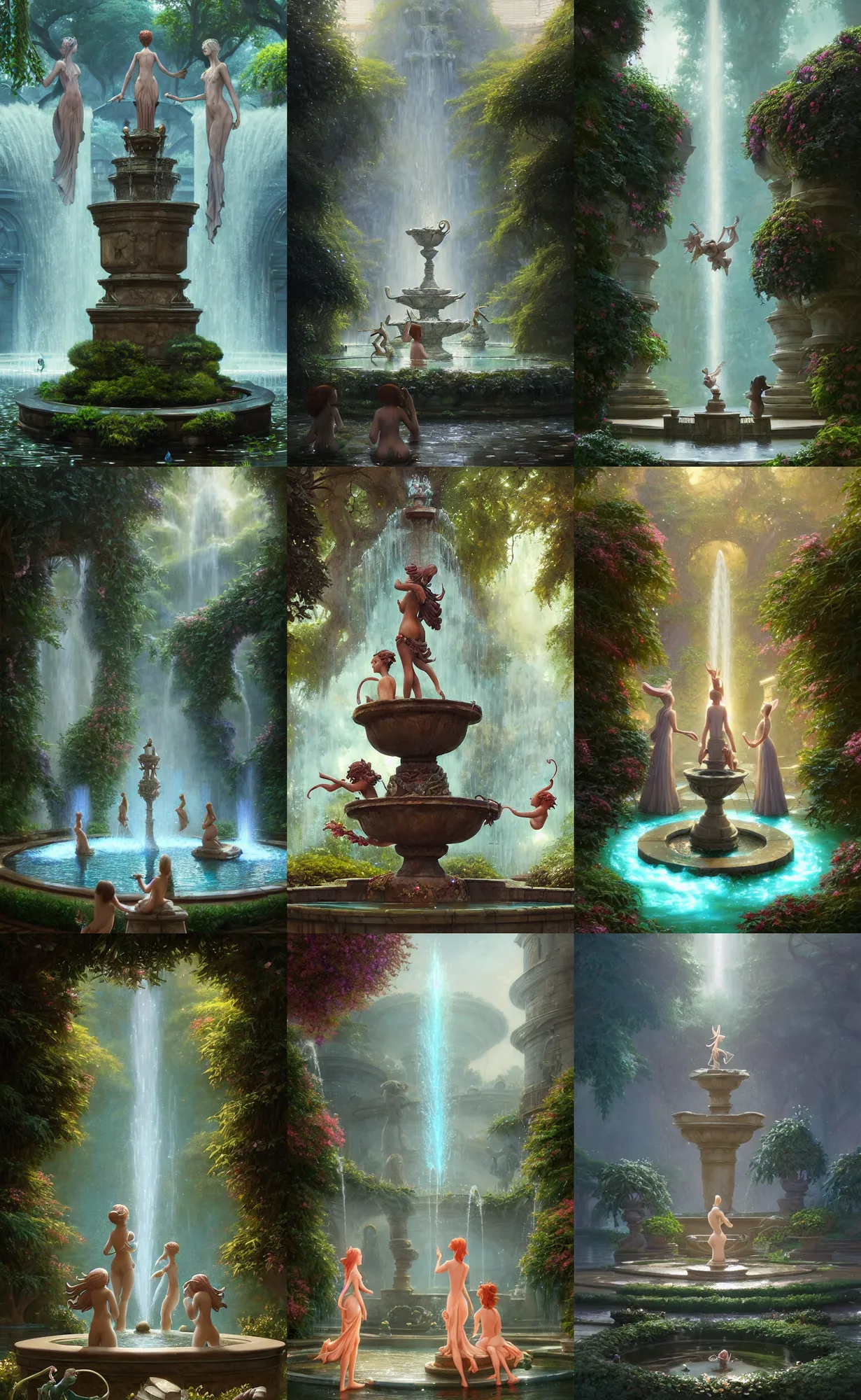 Image similar to a statue of three nymphs circling a fountain, beautiful atmosphere, by stephen bliss, unreal engine, fantasy art by greg rutkowski, loish, rhads, ferdinand knab, makoto shinkai and lois van baarle, ilya kuvshinov, rossdraws, tom bagshaw, global illumination, detailed and intricate environment