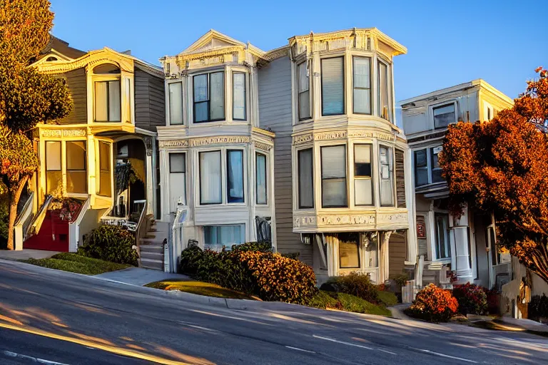 Image similar to typical San Francisco houses, award winning photograph, high exposure, golden hour, 15-30mm, panorama, autumn, car lights, photorealistic, 70's cars, 70's filter, shadows