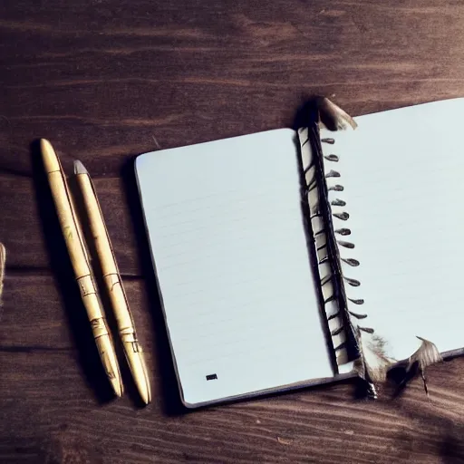 Image similar to highly detailed close up photo of an old worn notebook on wooden table, old table, feather pen, light coming out of near window, moody lighting, dust in air