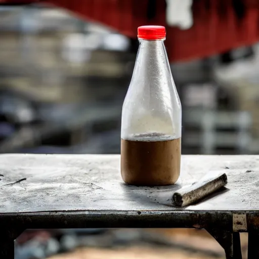 Image similar to bottle of milk, over a rusted metal table inside slaughterhouse