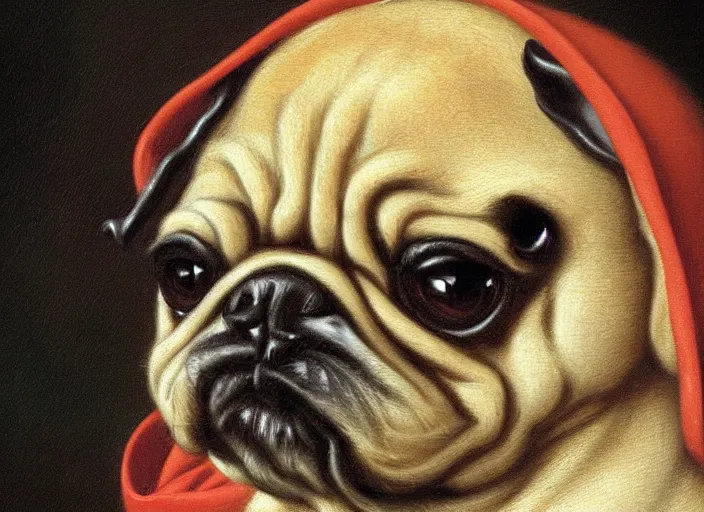 Prompt: baroque rococo painting The Royal Pug portrait Greg Hildebrandt high detail cute puppy