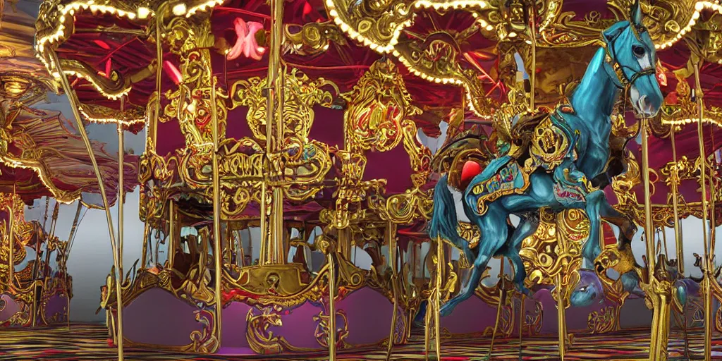 Image similar to a 3d sculpt of a colourful baroque evil circus carousel horse, dark souls