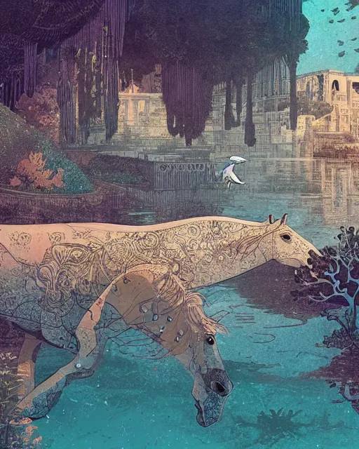 Prompt: a horse swimming in the water by abandoned ancient greek architecture submerged in water, digital art, illustrated by james gurney and victo ngai