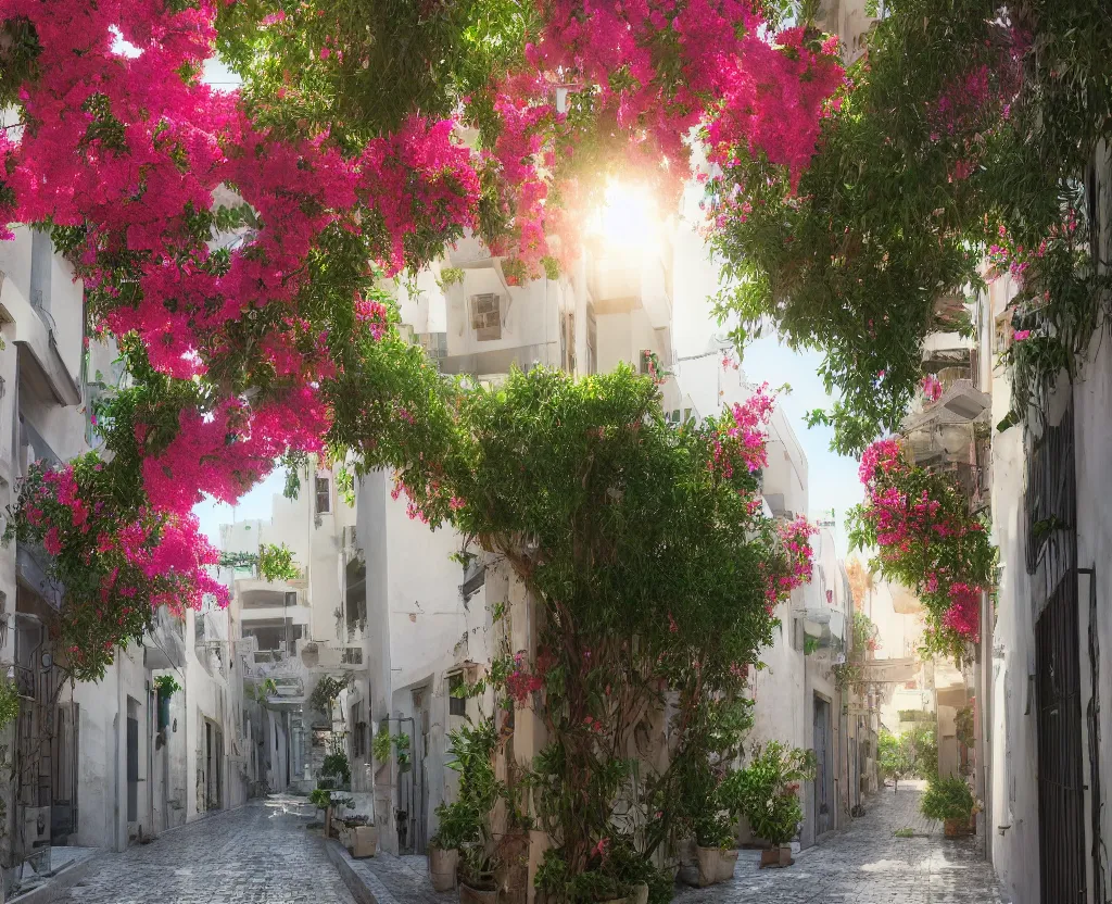 Prompt: a very beautiful scene, ambient occlusion render. small street in tel aviv, sunlight, bougainvillea, hyperrealistic, 4 k. wide angle. wild. deep focus, lovely scene. concept art. unreal engine.