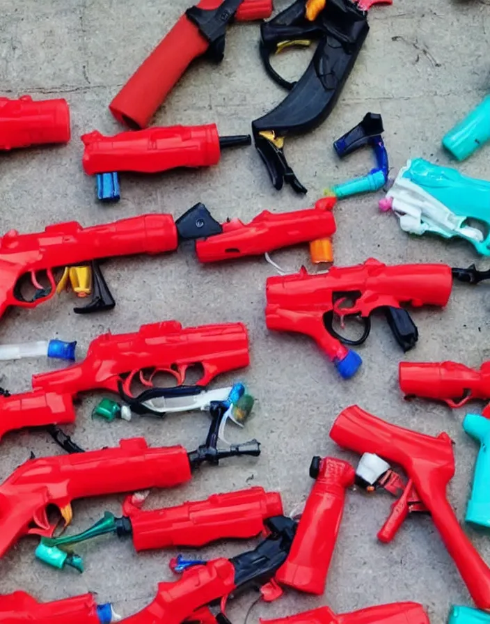 Image similar to bloods gang members showing off their plastic colorful water guns, bad quality, phone photo, leaked photo, paparazzi photo, realistic, 720p