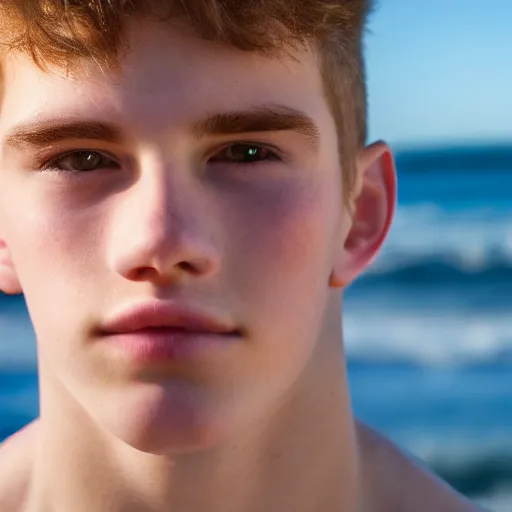 Image similar to beautiful teenage boy with pale skin amd natural hair is looking for something in the sand on the beach. Blue sky. Detailed face. Photo 8K.