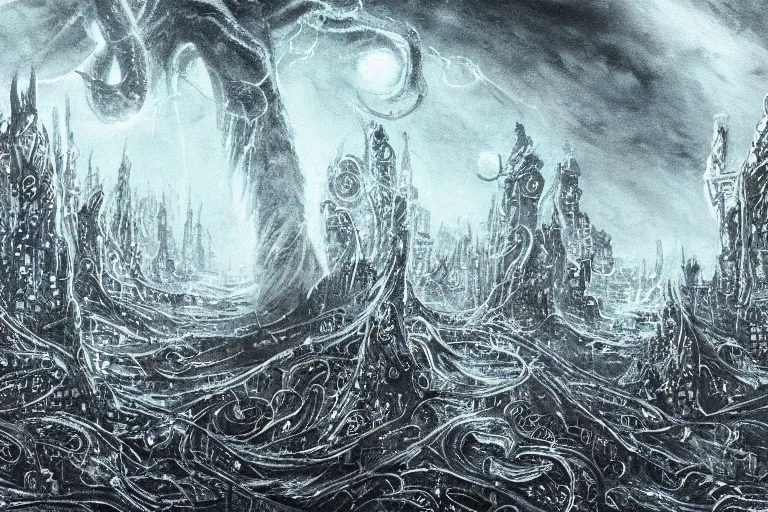 Image similar to man is seeing old god eldritch horror cthulhu terrifying the night sky of a modern city with tall buildings, he is coming from the ocean, epic scene, hyper detailed, gigantic cthulhu wallpaper, dark art, messy watercolor paint