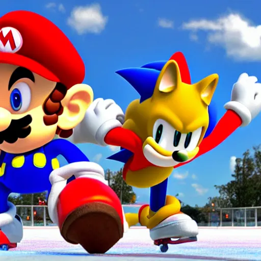Prompt: Mario and Sonic figure skating