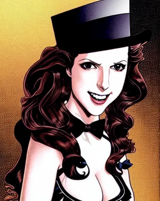 Image similar to beautiful Anna Kendrick Zatanna DC Comics floating on stage, wearing a top hat, symmetrical face symmetrical eyes, smiling, fantasy, intricate details, atmospheric, elegant, concept art, art by eiichiro oda, Joshua Middleton art