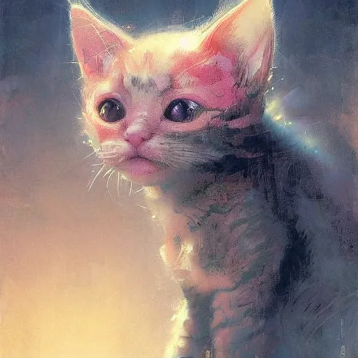 Prompt: Portrait of a kitten, fantasy, colorful, detailed, by Greg Rutkowski and Dave McKean, pink and gold color palette