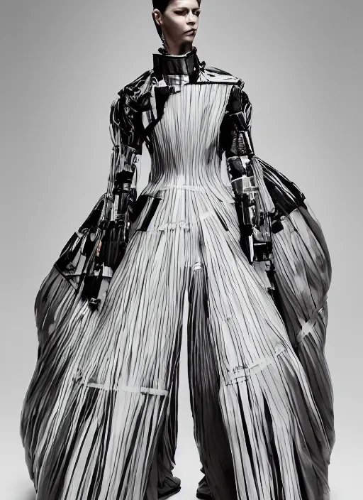 Image similar to a portrait of a model detailed features wearing a cargo wedding dress - chic'techno fashion trend lots of zippers, pockets, synthetic materials, jumpsuits. - by balenciaga and issey miyake by ichiro tanida and mitsuo katsui