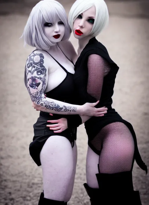 Prompt: a full body shot of two beautiful pale skin cosplay girls hugging each other in close proximity, light gray eyes, photo, bokeh, sharp focus, big red lips, black hair, feet posing, goth style, fully tattooed body, fishnet clothes, beautiful detailed face, masterpiece, photo by magali villeneuve