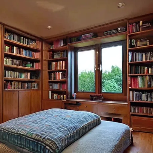 Prompt: a peaceful room with a desk and bookshelves, calm and serene, with rain visible through the windows of the room.