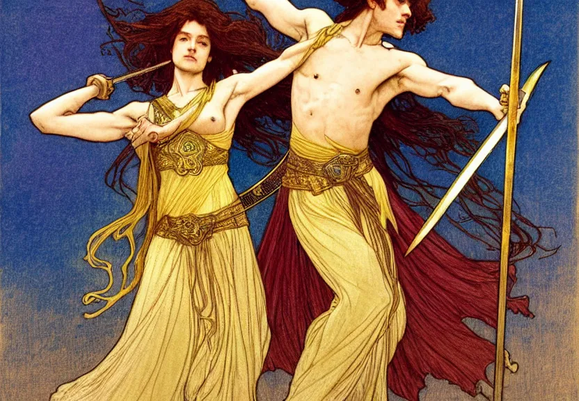 Image similar to one golden swordsman wielding two swords leans back as he dances elegantly in the wind, his robes and long hair flowing in the breeze, fantasy, Mucha, MTG, Game of Thrones, salsa dancing, Rossetti, Millais, anatomically correct