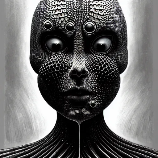 Prompt: ultra realist intricate painting of gothic female alien, curvy, black scales on face and cyborg tech, dystopian surrealism, symmetry accurate features, very intricate details, focus, high resolution, 4k, photo realistic, artstyle Alex Ries and Zdzisław Beksiński, award winning