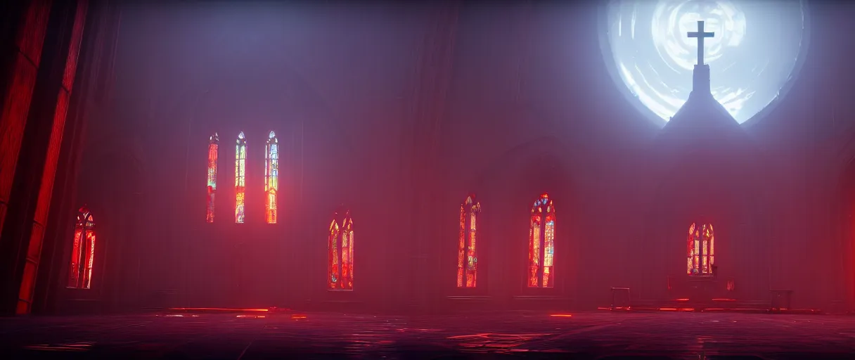 Image similar to symmetrical, centered, ancient church of worship with red shafts of light in destiny 2, foggy, liminal, dark, dystopian, beautiful architecture, abandoned, highly detailed 4 k 6 0 fps destiny 2 promotional poster image wallpaper, official image bungie website