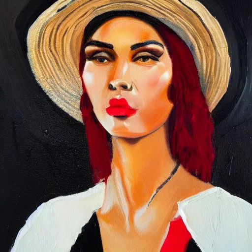 Image similar to oil painting of a tall woman with a black sunhat in the desert, black and red jacket, beautiful face, pretty face, very detailed eyes, very detailed face, feminine face, full body