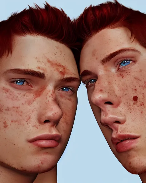 Prompt: portrait of short and stocky, 1 9 - year - old male twins with red hair and freckles, hyper realistic face, beautiful eyes, character art, art by mark brooks, hyperdetailed, cryengine, trending on artstation, digital art