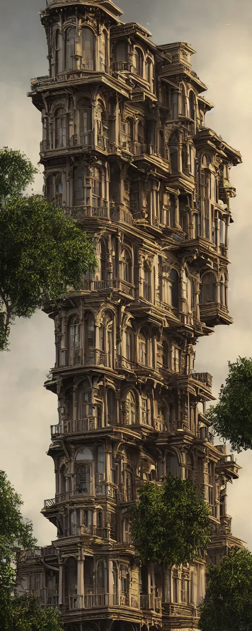 Image similar to very tall multi Level victorian house, rule of thirds, Street scenery, Dynamic lighting, cinematic, establishing shot, extremely high detail, photo realistic, cinematic lighting, , post processed denoised, concept design, concept art, artstation, matte painting, midjourney, style by alex ross, raphael lacoste, eddie mendoza