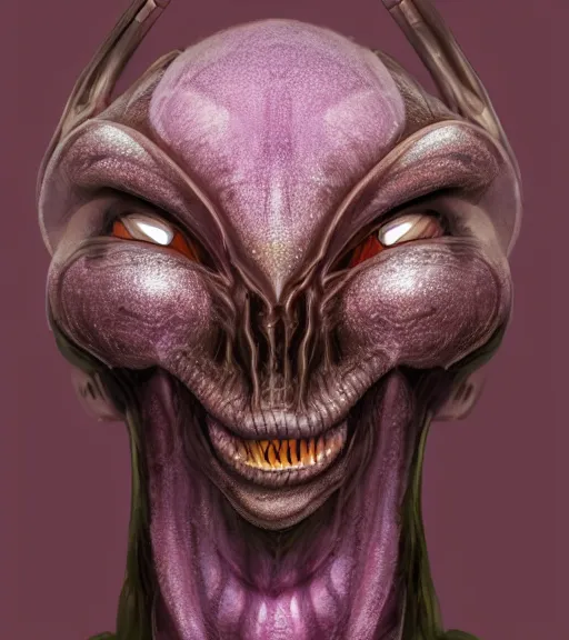 Image similar to realistic character portrait, ant alien, trending in artstation, purple color lighting