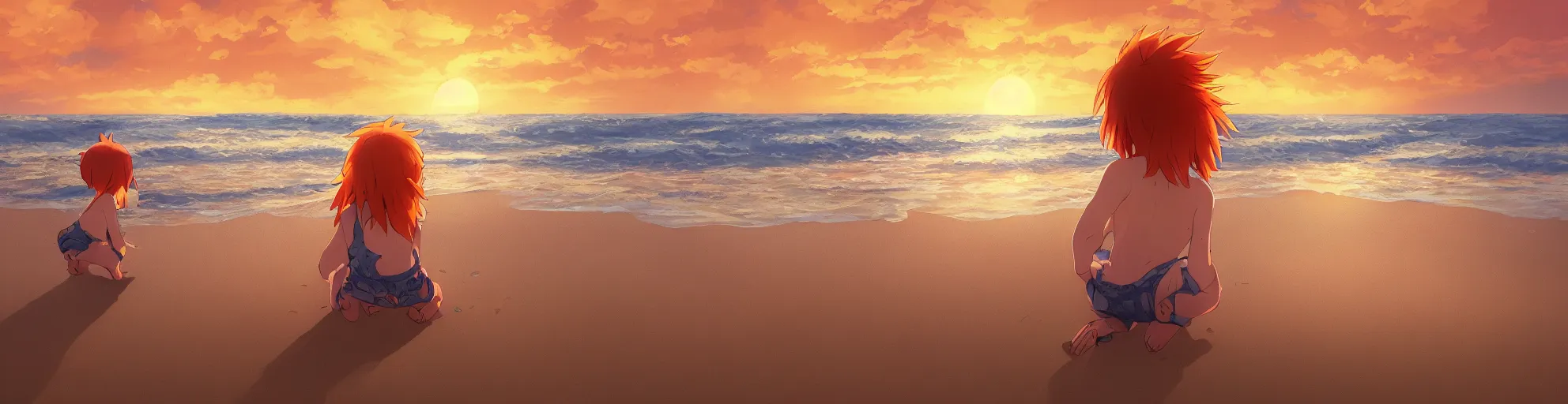 Image similar to beautiful, detailed digital painting of a orange-haired child playing on the beach and looking at the sunset, anime by Makoto Shinkai, sand, waves, trending on artstation