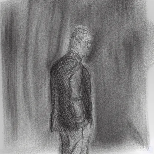 Image similar to the drawn man in jacket looks out into the black endless distance in the rain. pencil sketch