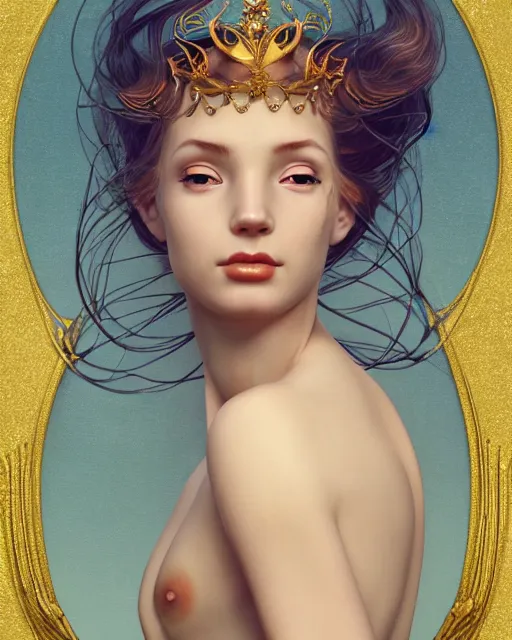 Image similar to a beautiful goldfish woman, pinup pose, long hair, tall and thin, wearing dozens of pendants and a gown of gold, small delicate crown of the sea on her head, illustration, symmetry accurate features, volumetric light clouds, ultra realist soft painting, (art nouveau), octane render, 8k, HD, by Tom Bagshaw, Brom, Charlie Bowater, faces by otto schmidt