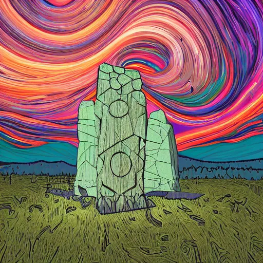 Prompt: thegodric forest settee monolithic monuments by dan mumford and tom thomson, 8 k resolution digital art. lot of neons. trending on artstation. psychedelic luminus rapids vault biscuit