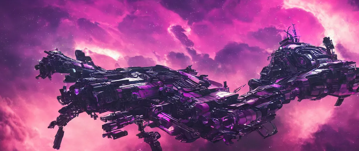 Image similar to space, a mechanical horse with a pink mohawk drives a pirate spaceship, punk, hyperdetailed illustration, stars, pink, neon, oil painting, rich deep colors masterpiece, pirate neon ship, ultra detailed, contrast, heaven pink, clouds, volumetric light, atmospheric lighting, dramatic, cinematic, moody, octane render 4 k, 8 k