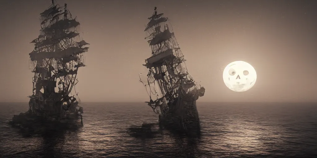 Prompt: ethereal ghost pirate ship at open sea at night, full moon behind it, 3 d art, octane render, 6 k, unreal engine