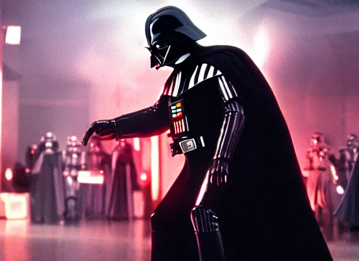 Prompt: film still of Darth Vader as John Travolta disco dancing, 4k