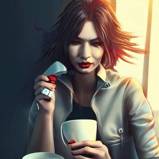 Image similar to portrait of a good-looking female software developer having a cup of coffee. cyberpunk style, digital art artstation cgsociety