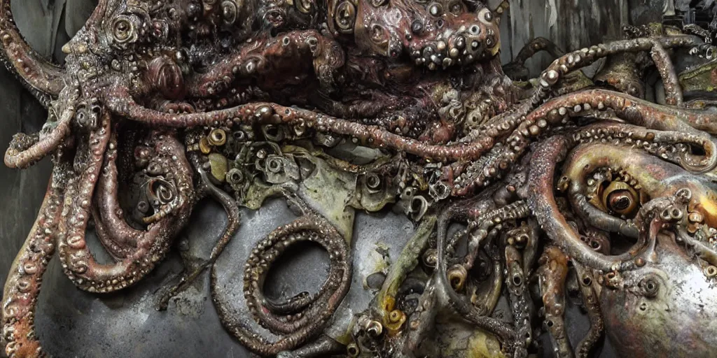 Image similar to low wide angle photo taken of an epic intricate, ultra detailed, super realistic gritty, hero prop, exquisitely painted animatronic movie prop of a wet slimy grotesque nightmarish hellish mutant cephalopod creature displayed in the workshop, created by weta workshop, full body shot, photorealistic, sharp focus