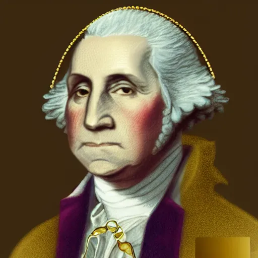 Image similar to a photorealistic colored pencil sketch of a distinguished George Washington wearing a gold chain around his neck with a small Doubloon coin attached as a necklace. This 4K HD image is Trending on Artstation, featured on Behance, well-rendered, extra crisp, features intricate detail and the style of Unreal Engine.