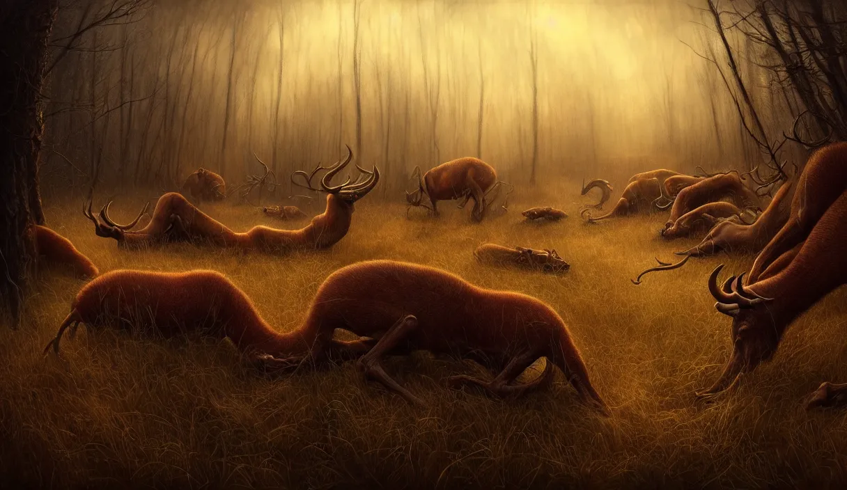 Image similar to epic professional digital art of hungry eyes, ambient golden light, painted, mysterious, cinematic prairie terrifying animals scene, eerie, mythic, detailed, intricate, grand, leesha hannigan, wayne haag, reyna rochin, ignacio fernandez rios, mark ryden, van herpen, artstation, cgsociety, epic, stunning, gorgeous, wow wow detail