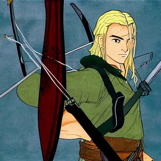 Prompt: Portait of Legolas in an 80s anime version of Lord of the Rings, holding a longbow, very detailed, ultra realistic, handpainted, Satoshi Kon, Hiyao Miyazaki, Katsuhiro Otomo