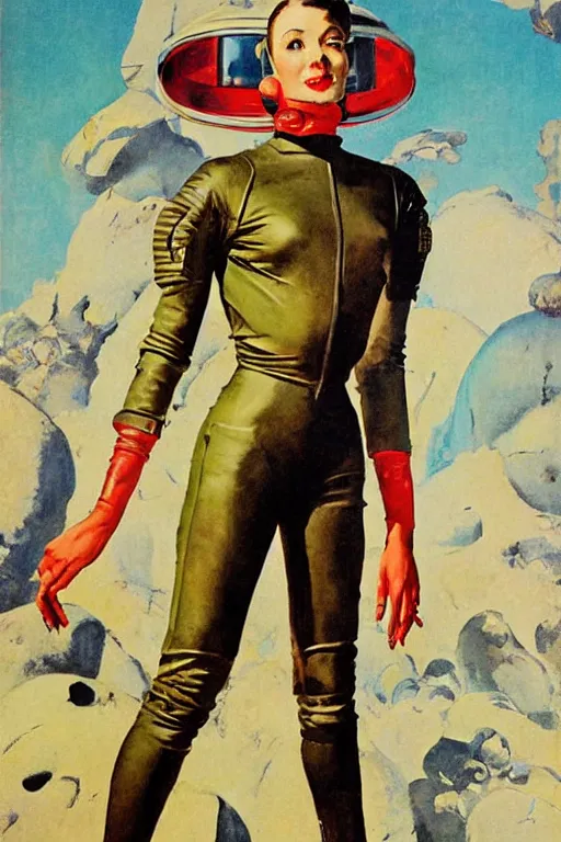 Prompt: 5 0 s pulp scifi fantasy illustration full body portrait slim woman in leather spacesuit on rocky mars, by norman rockwell, roberto ferri, daniel gerhartz, edd cartier, jack kirby, howard v brown, ruan jia, tom lovell, frank r paul, jacob collins, dean cornwell, astounding stories, amazing, fantasy, other worlds