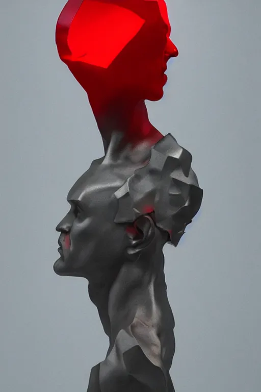 Image similar to realistic 8k Roberto Ferri Sculpture of random jagged reflective metal pieces forming the shape of a person silhouetted by a bright red sun, godrays, glinting metal, neon colors, cyberpunk, smooth, sharp focus, 24mm lens, DOF, hyper realistic, art by Greg Rutkowski and Ruan Jia and Giger