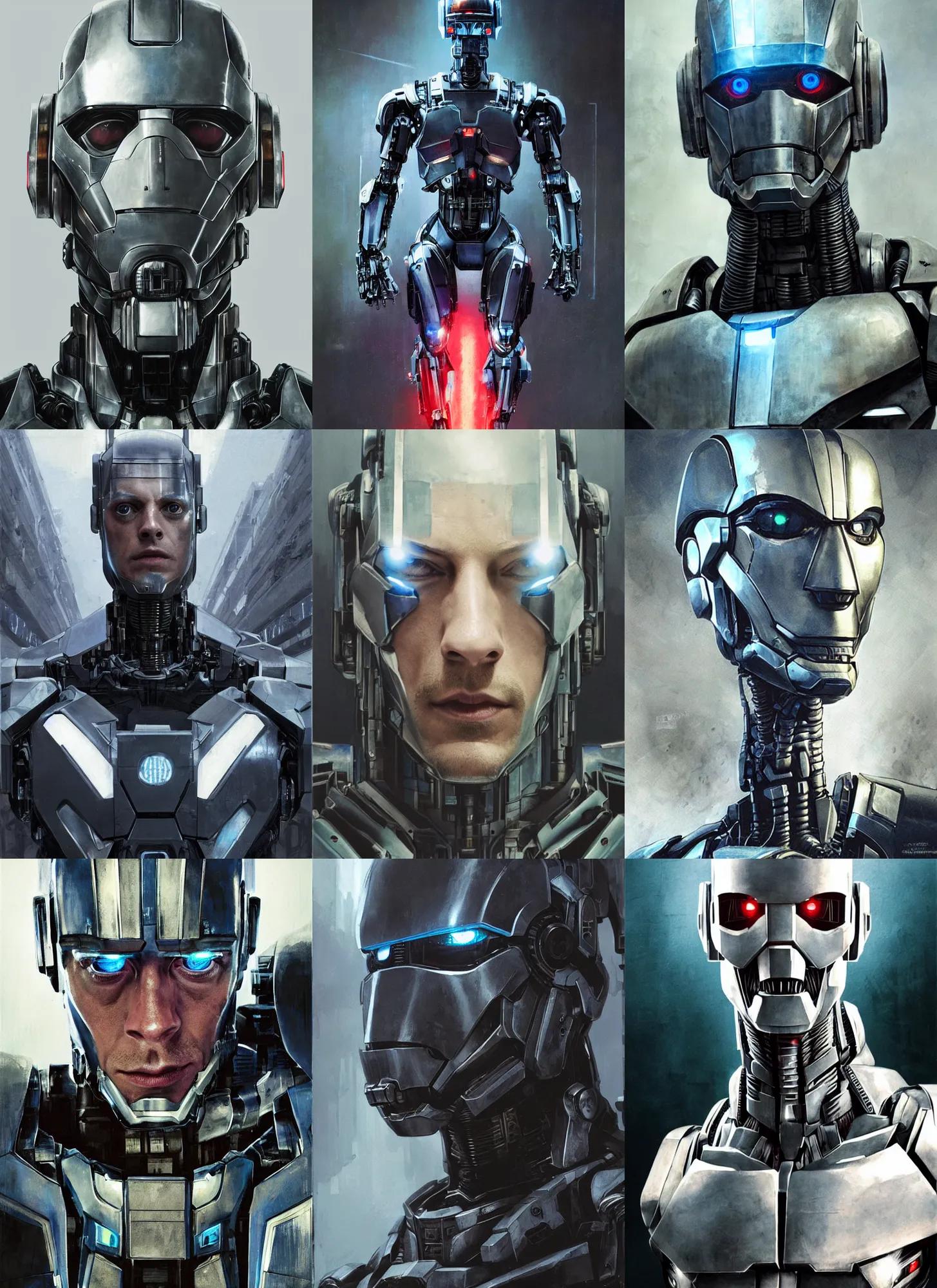 Prompt: portrait of joel kinnaman as chappie, robotic, ai, android, strogg, face of a man, robocop, cable, victor stone, ultron, terminator, machine, quake, monster, symmetry, symmetrical, concept art by ruan jia and greg rutkowski