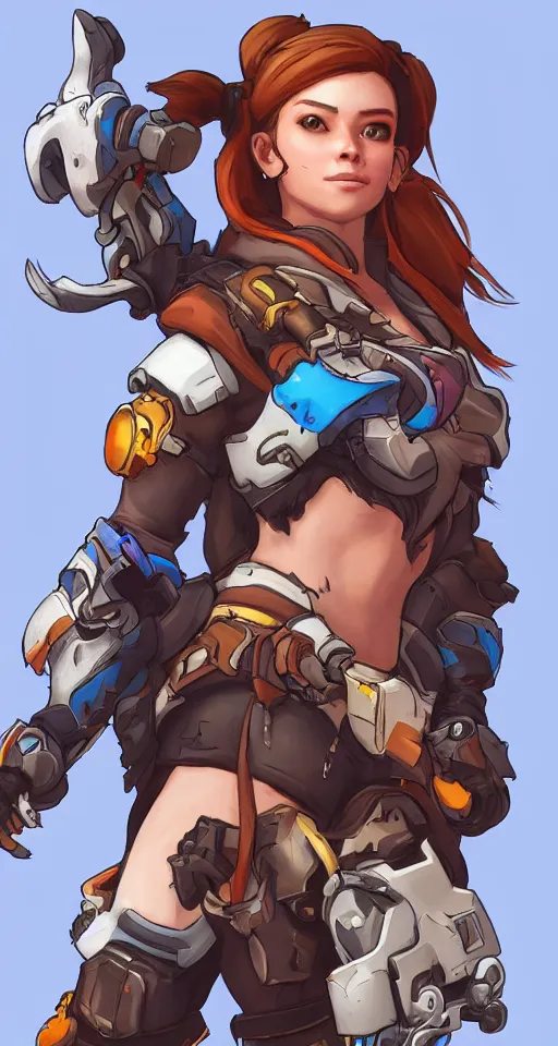 Image similar to one character, overwatch, brigitte, horizon zero dawn, aloy, digital art, high detailed, artstation