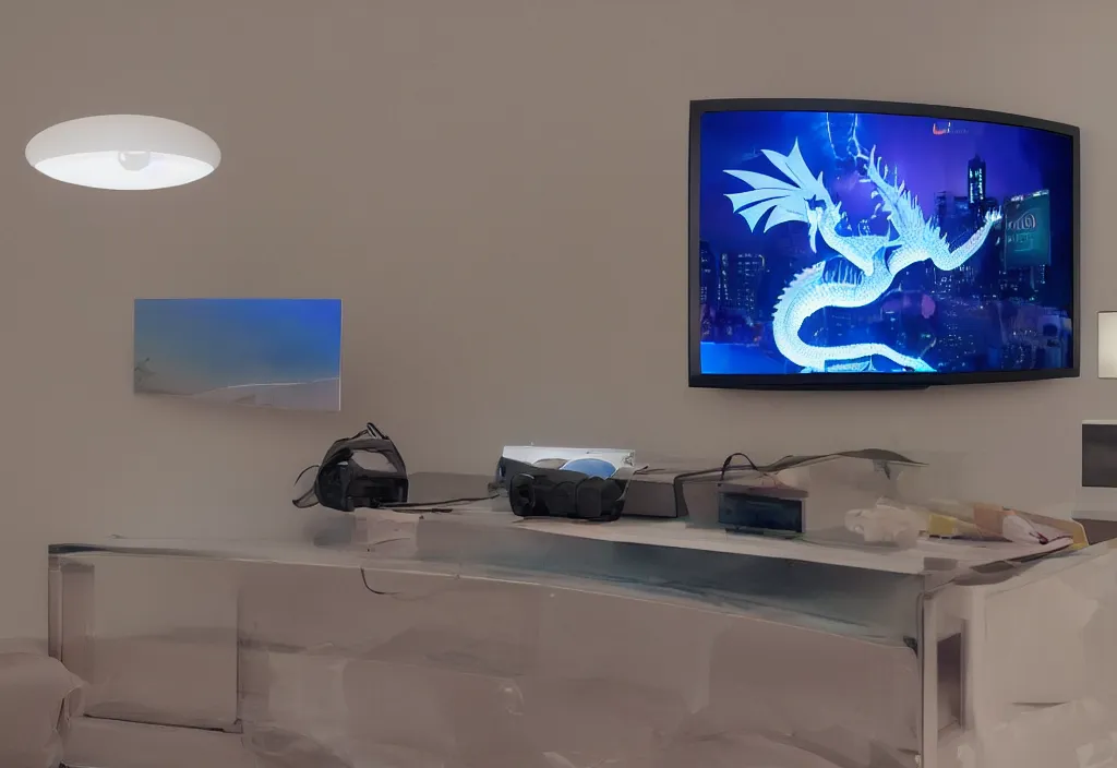 Image similar to curved transparent 3 dtv dragon popping out of tv, volumetric lighting, bedroom, visor, users, pair of keycards on table, bokeh, creterion collection, shot on 7 0 mm, instax