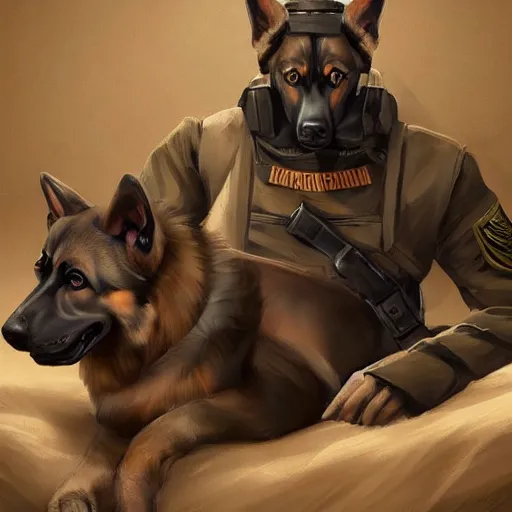 Image similar to a humanoid german shepherd beast - man in military style, sitting on the carpeted floor beside a bed, highly detailed portrait, digital painting, artstation, concept art, smooth, sharp foccus ilustration, artstation