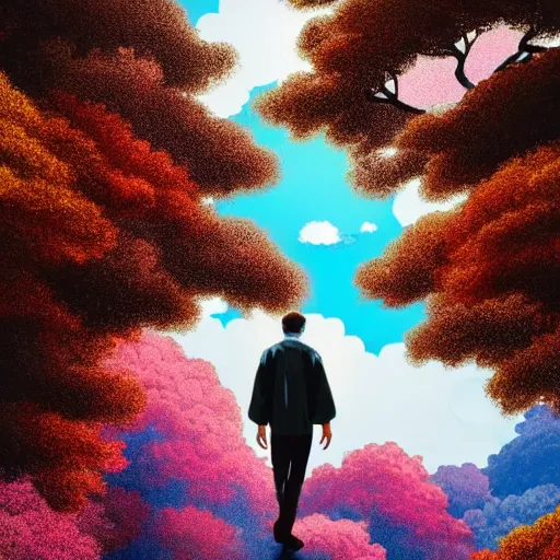 Image similar to a man walking on clouds away from the camera above kyoto by takashi murakami, beeple and james jean, aya takano color style, 4 k, super detailed, modern, 4 k, symmetrical