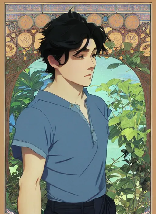 Image similar to handsome young man with short black hair, male, wearing a blue shirt, half body shot, path traced, highly detailed, high quality, digital painting, by studio ghibli and alphonse mucha, leesha hannigan, hidari, art nouveau, chiho aoshima, posuka demizu