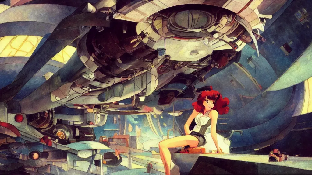 Image similar to a film still of a 1 9 5 0's mechanic anime girl sitting on top of flying ufo landing in hangar of giant ufo spaceship, kandinsky, trending on pixiv fanbox, painted by gaston bussiere, makoto shinkai, akihiko yoshida, gaston bussiere, craig mullins