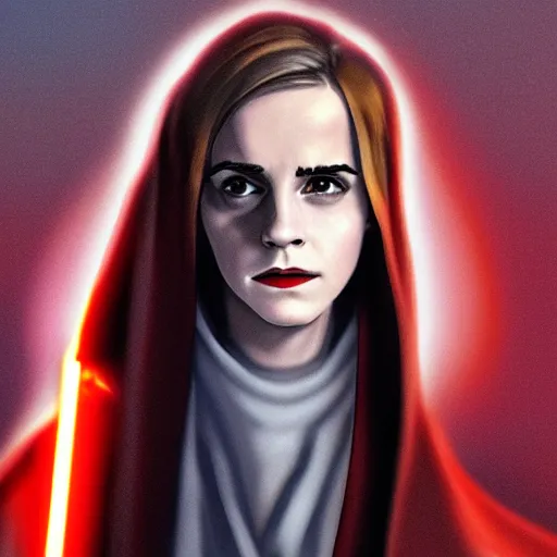 Image similar to emma watson as a sith lord with a cloak and a lightsaber, trending on art station, by the best artists