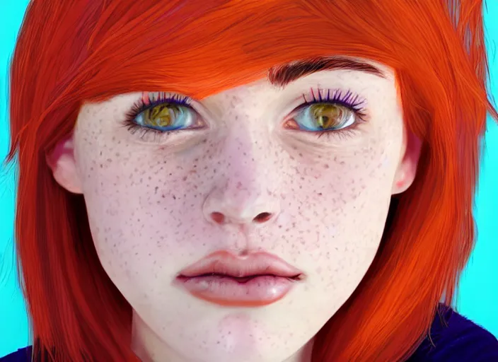 Prompt: portrait Girl with orange hair and freckles, purple background, cute-fine-face, pretty face, realistic shaded Perfect face, fine details. realistic shaded lighting by David Belliveau,