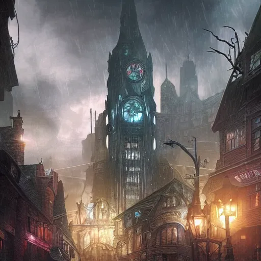 Image similar to a painting of arkham city, ultra realistic, concept art, intricate details, night, thunder, raining, eerie, highly detailed, full coloured, dark fantasy, photorealistic, octane render, 8 k, unreal engine 5. art by artgerm and greg rutkowski and alphonse mucha