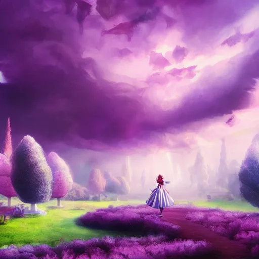 Prompt: landscape of an alice and wonderland themed landscape, purple clouds look the sky, dynamic lighting, fantasy concept art, trending on art station, stunning visuals, creative, cinematic, ultra detailed